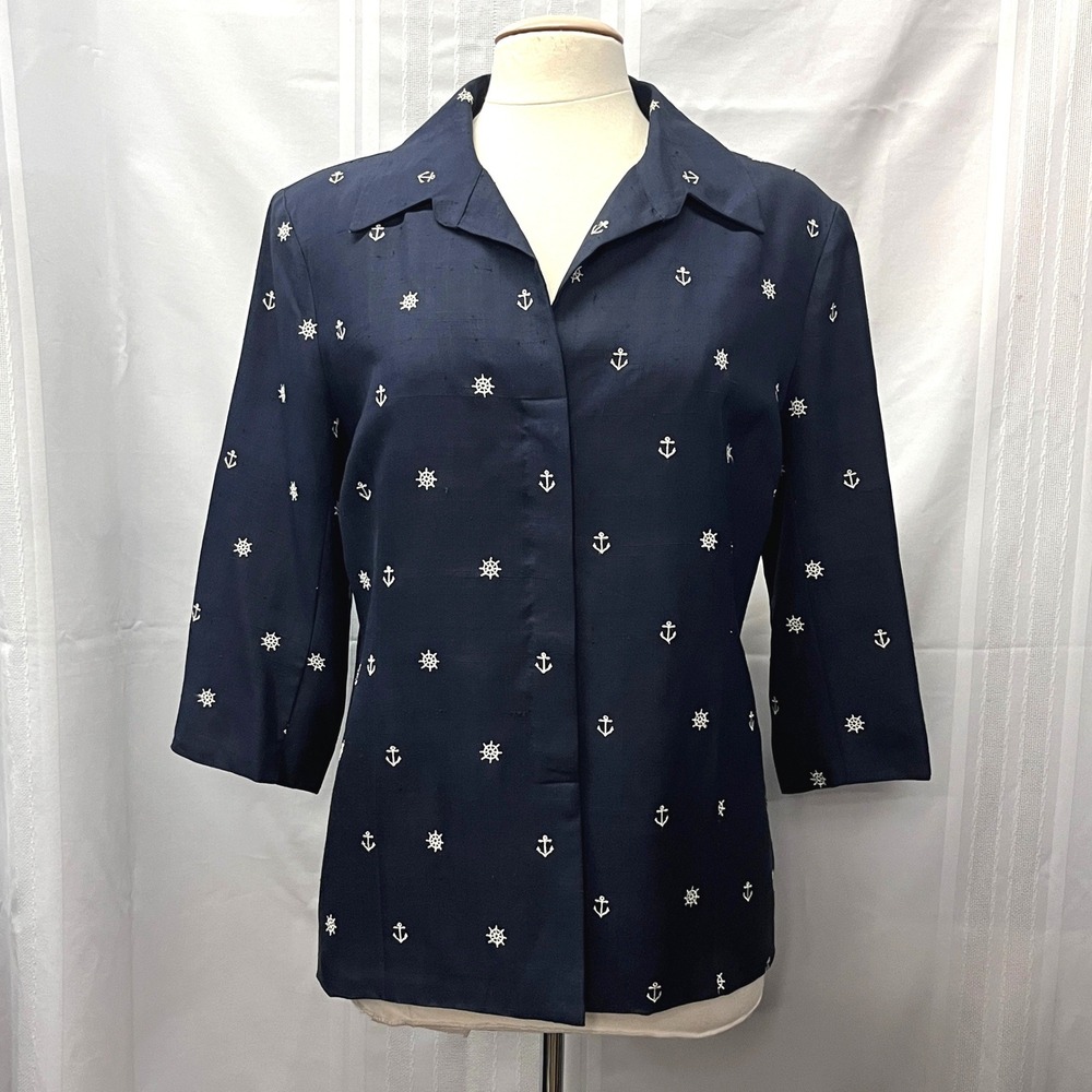 Peter Martin Women Blue Silk Nautical Anchor Embroidered Button 10 Preppy Money